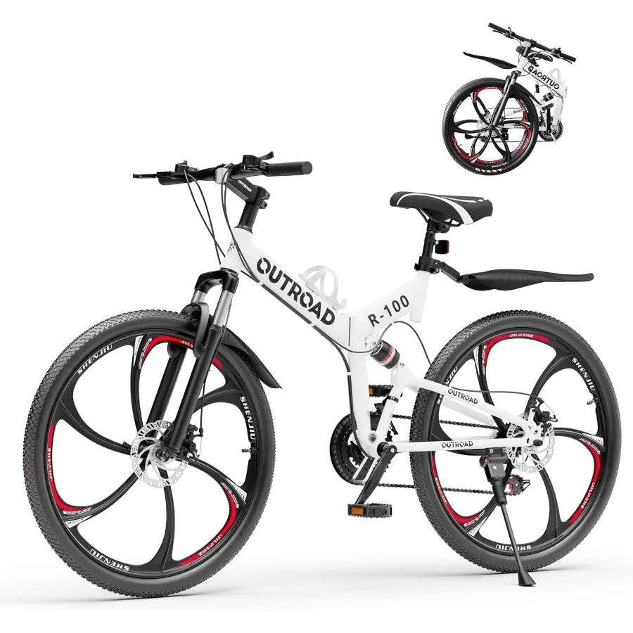 

26 Foldable Mountain Bike for Adults and Teens 21-Speed Full Suspension with High-Carbon Steel Frame Dual Disc Brakes Quick-Rel