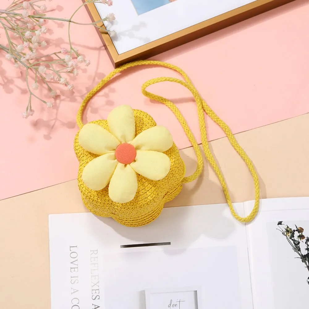 Cute Handmade Kids Straw Bag Flower Shape Woven Shoulder Bag Summer Beach Bag for Children Girls