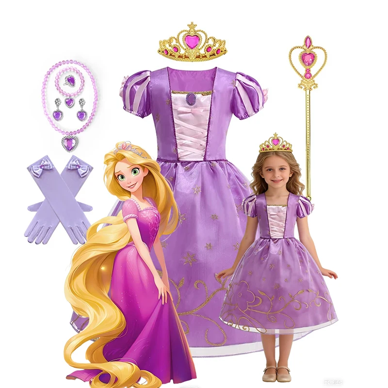 Vestido de Princesa Rapunzel com Laços e Bordado Dourado para Crianças, Fantasia de Halloween e Festa de Aniversário