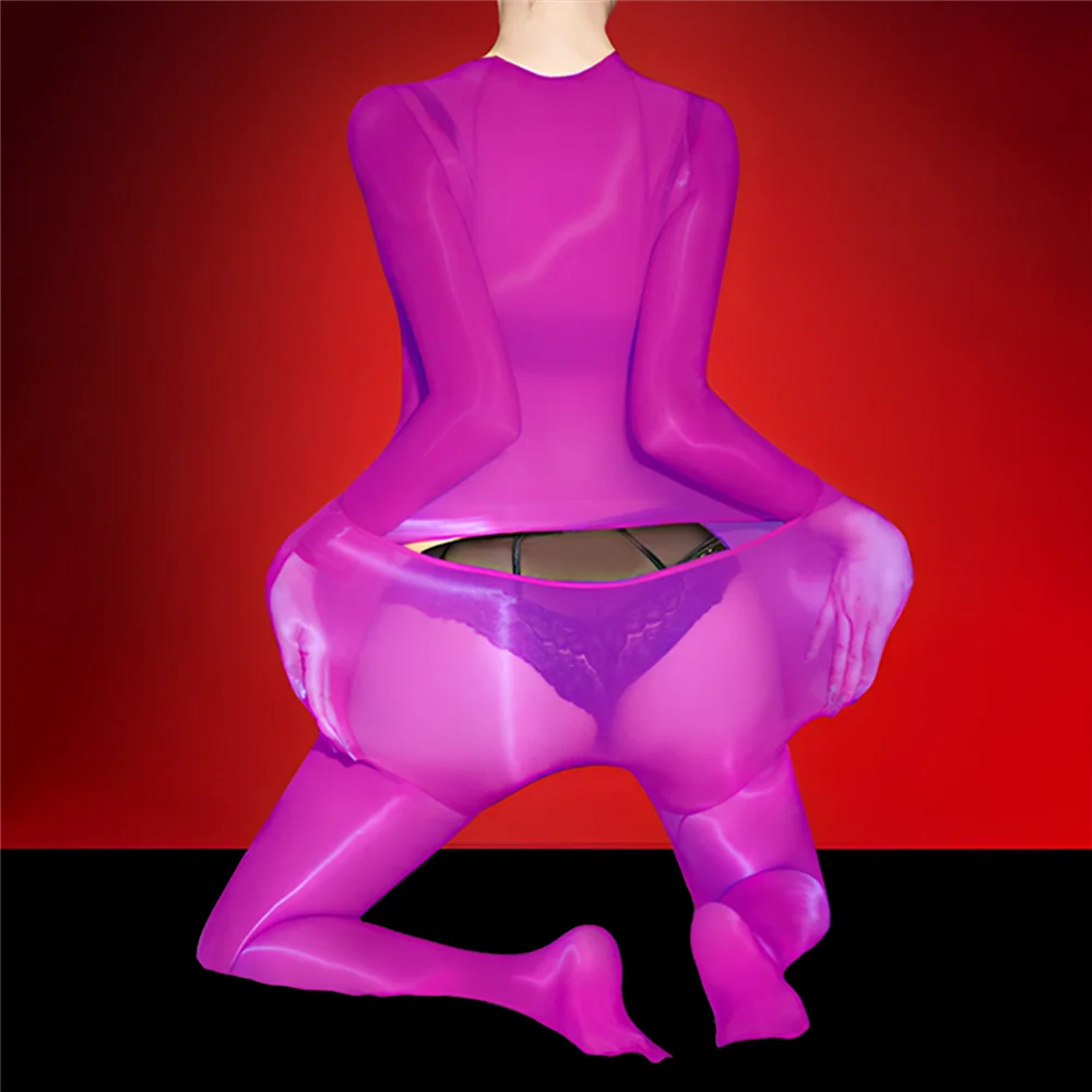 Sexy Women 5D Thin Oil Glossy Shiny Long Sleeves Bodysuits Sheer See Through Back Open Maid Tights Jumpsuits Shaping Leotard