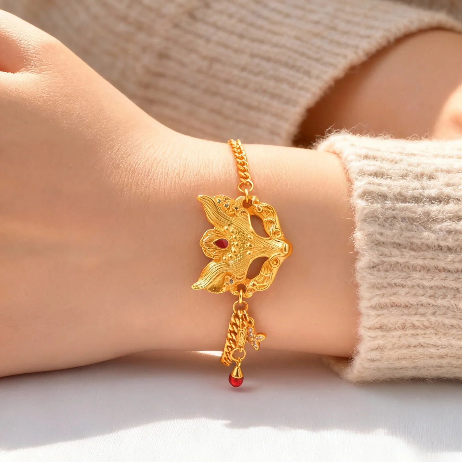 Golden Fox Mask Charm Bracelet, Fantasy Cosplay Mythology Fashion Hand Wrist Accessory