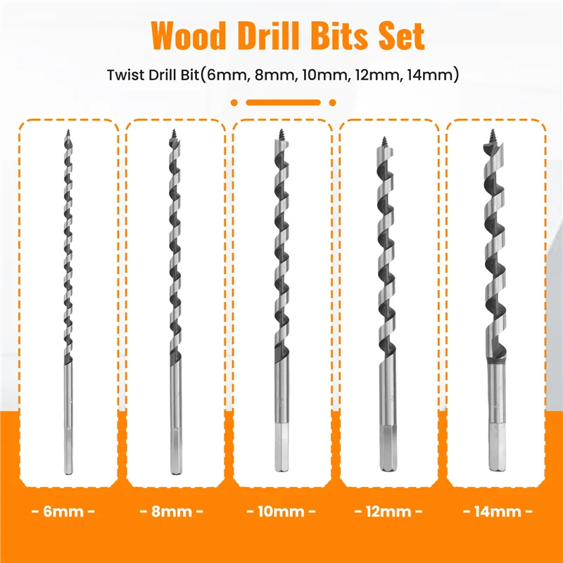 

HLZS-5PCS 230Mm Hex Shank Extra Long Point Twist Auger Wood Drill Bits Set Woodworking Twist Drill Bit Tool Set 6 8 10 12 14Mm