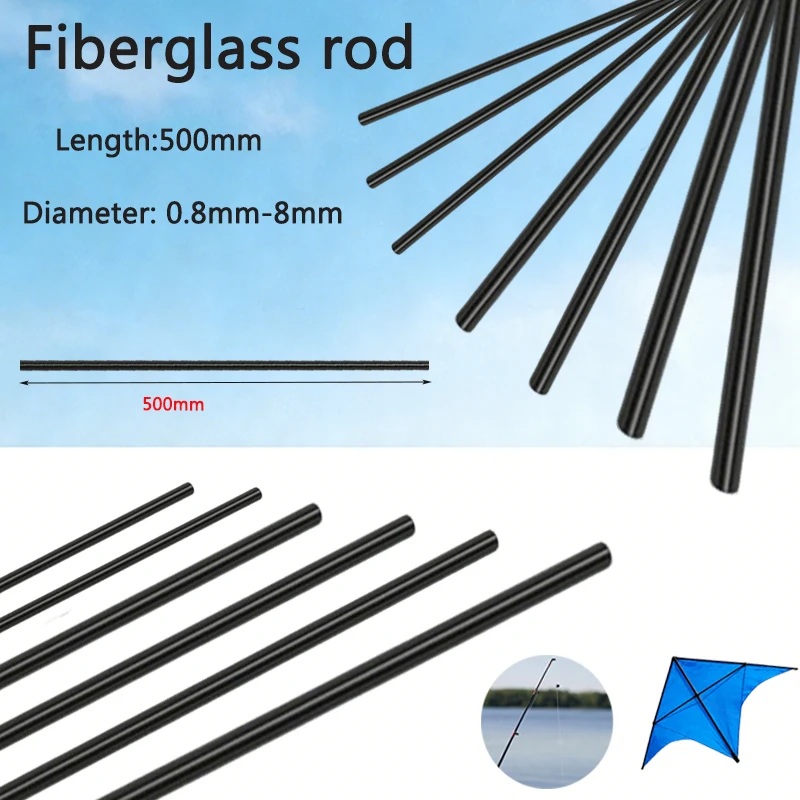 1-10pcs Black Solids Fiberglass Rods 0.8-8mm Diameter 500mm Length Insulation Poles for Kite Making DIY Crafts  Repair Tool