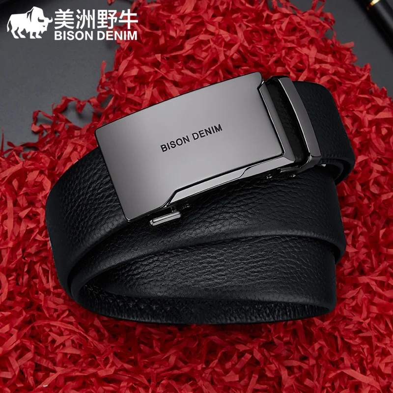 BISON DENIM Men Belts Automatic Alloy Buckle Belt Fashion Cow Genuine Leather Genuine Leather Belts for Men Luxury Brand N71802