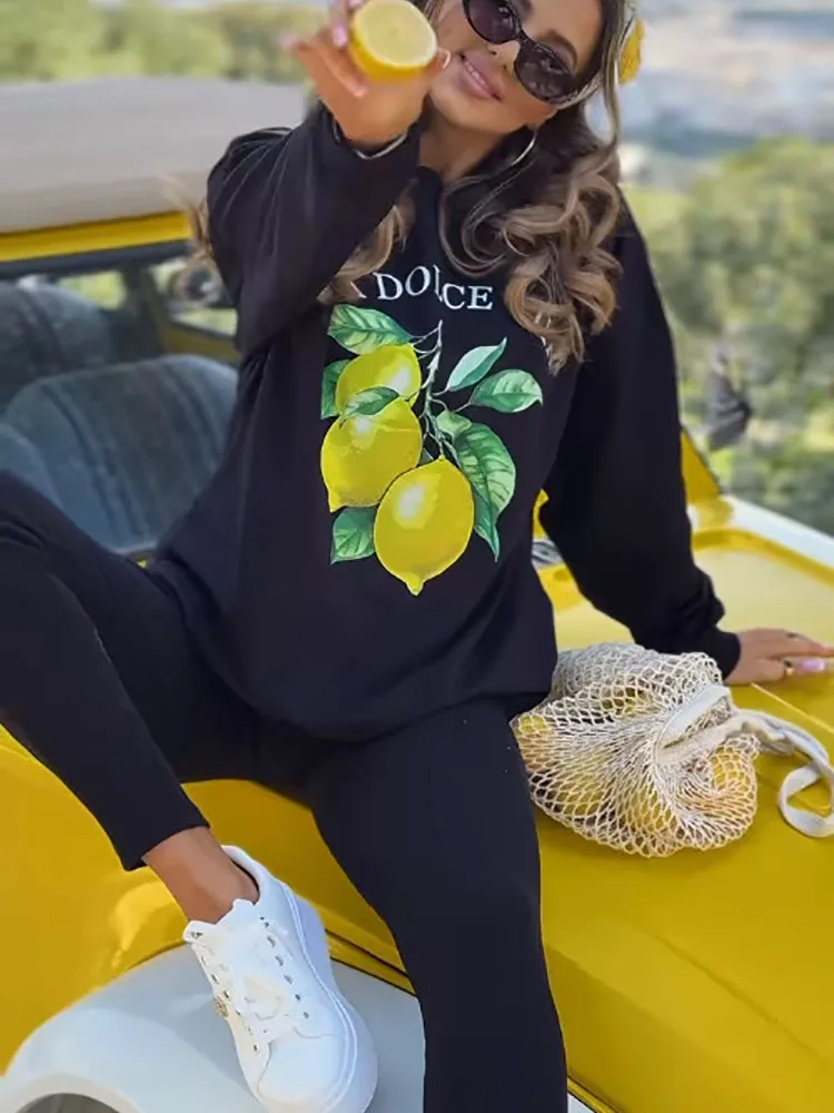 New Fashion Plants Print Sportswear Suit 2025 Spring Autumn Casual Tracksuit Women O Neck Sweatshirt Pullovers & Skinny Pant Set