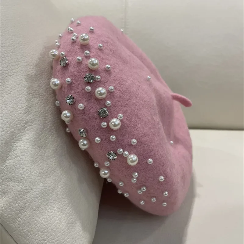 Gorro de boina para mujer con perlas y diamantes de imitación, gorros de pintor de invierno de lujo para madre e hija, estilo coreano