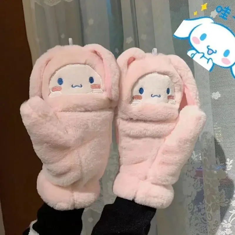 Cartoon Cinnamoroll Plush Gloves Sanrio Winter Flip Fingerless Half-Fingered Gloves Soft Thicken Hanging Neck Girl Student Gift