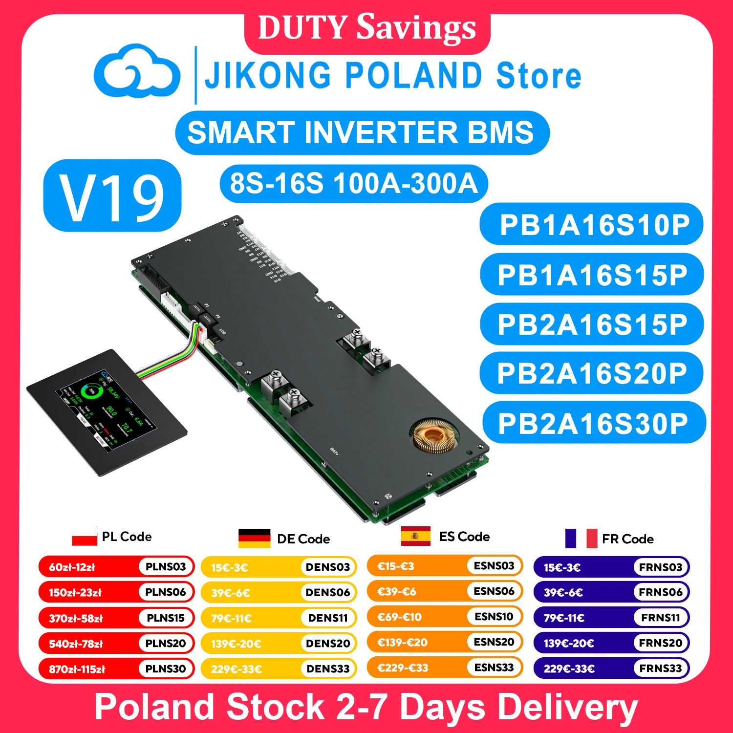 JIKONG Energy Storage BMS V19 Versione 8S/24V 16S/48V 100A-300A Corrente di Carica/Scarica 1A 2A Bilanciatore Attivo con Funzione BT RS232 RS485 CAN Heat URAT per Batterie Lifepo4 Li-ion Lto BMS