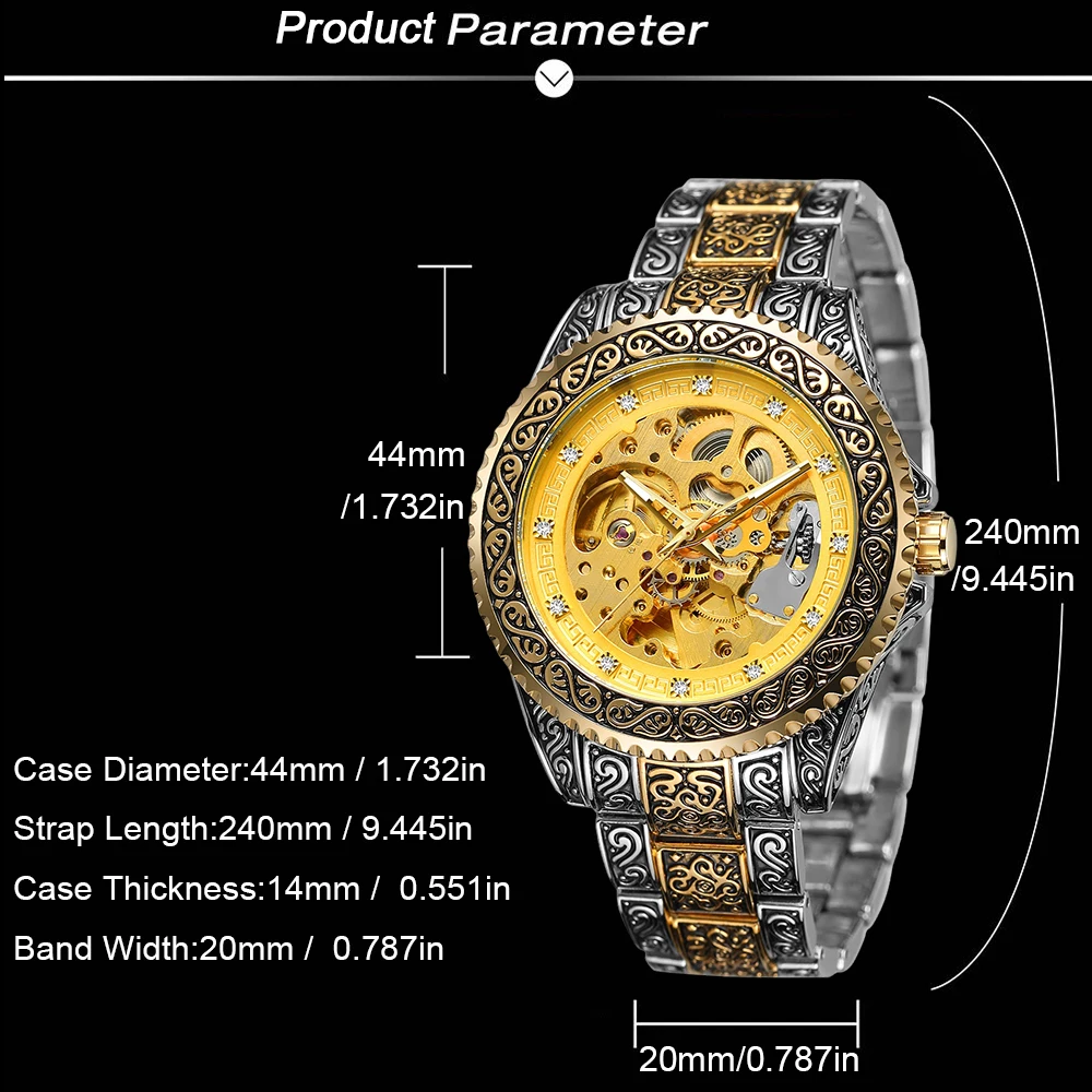 FORSINING Vintage Carving Mens Skeleton Luxury Automatic Mechanical Watches Hollow Rhinestone Dial Stainless Steel Fashion Clock