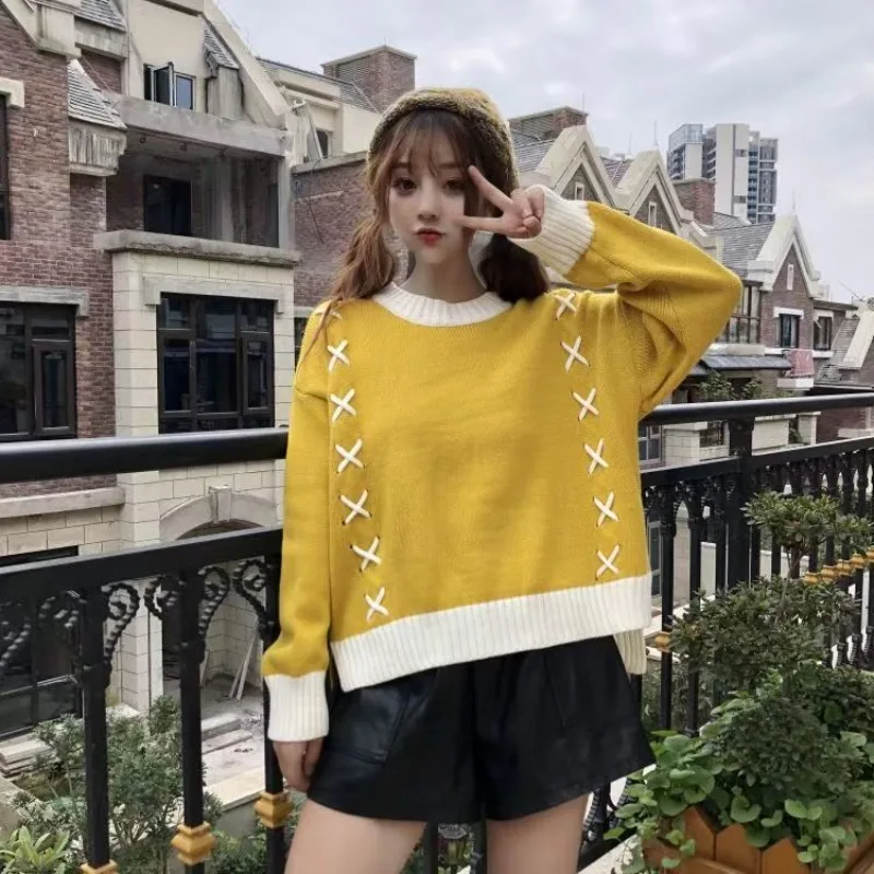 Women Spring Autumn Yellow Patchwork Knitted Pullover Sweaters Sweet O-Neck Front Short Back Long Slit Knit Pullover Cottagecore