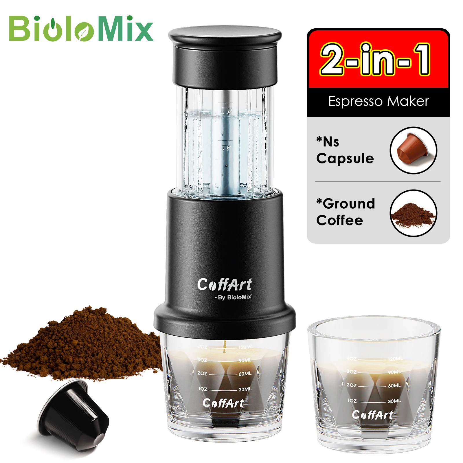 BioloMix 2 In 1 Manual Espresso Coffee Machine Hot/Cold Portable coffee Maker For NS Capsules & Ground Hand Press,hiking Camping