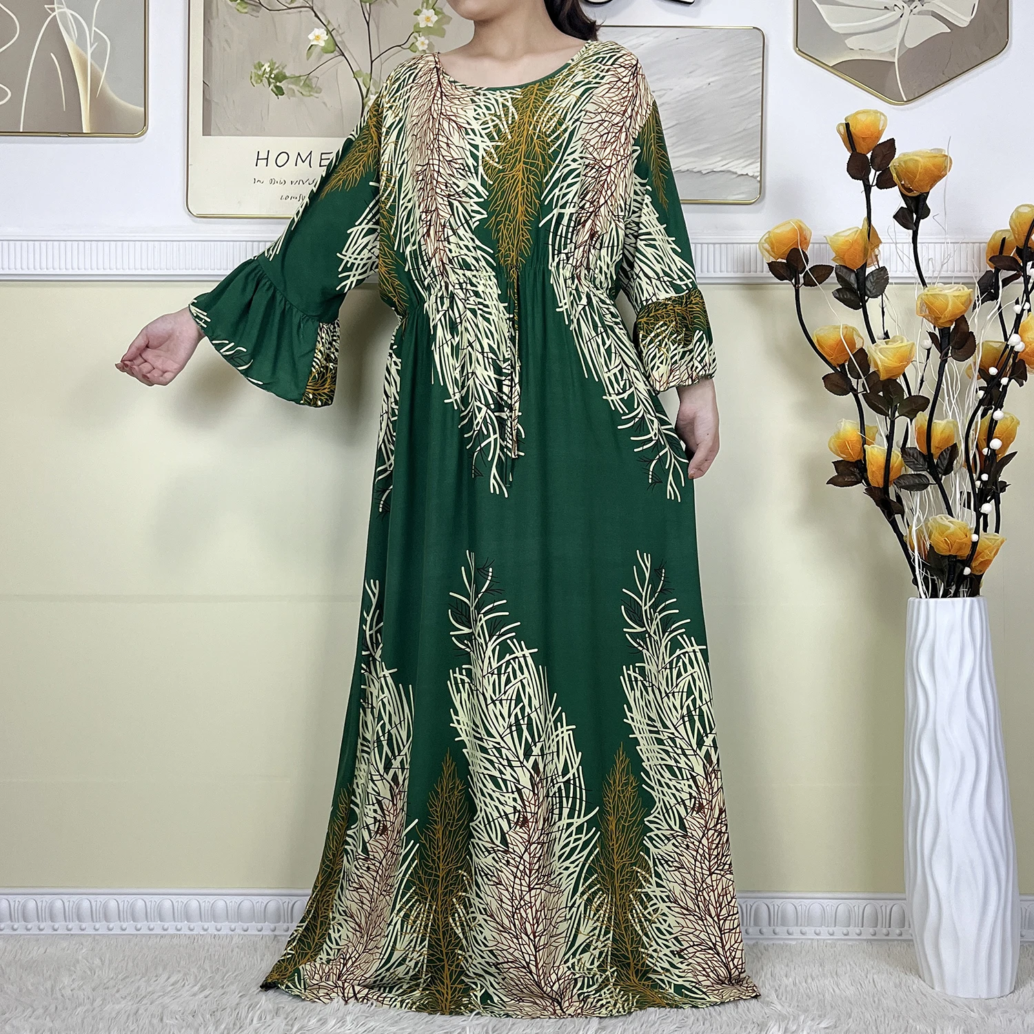 2024 New Dubai Fashion Party Women Long Sleeve Dashiki Soft Cotton Floral Dress Printing Loose Lady Robe African Casual Abaya