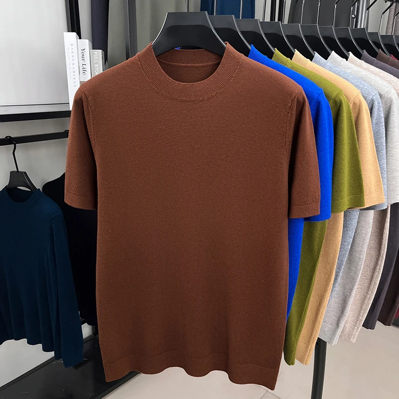 2025 Spring and Autumn Thin Fashion Men's Short Sleeve Woolen Sweater Solid Color Sweater Half Sleeve Knitted Sweater