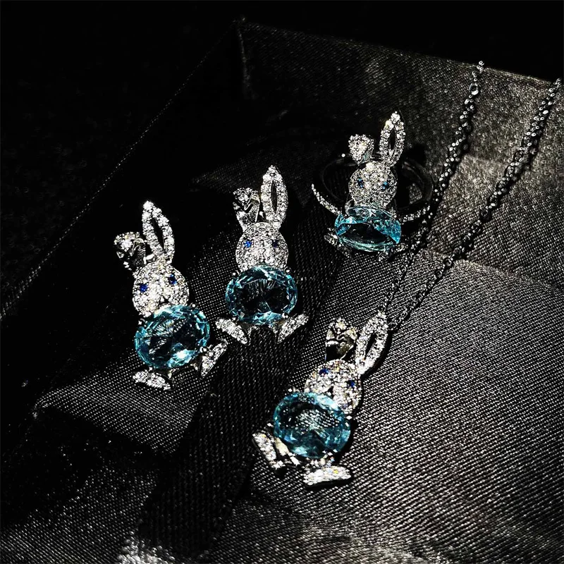 Trendy Art Fresh Blue AAA Cubic Zirconia Rabbit Ring/Pendant Necklace/Earstuds Women's Jewelry Set Engagement Halloween Gift