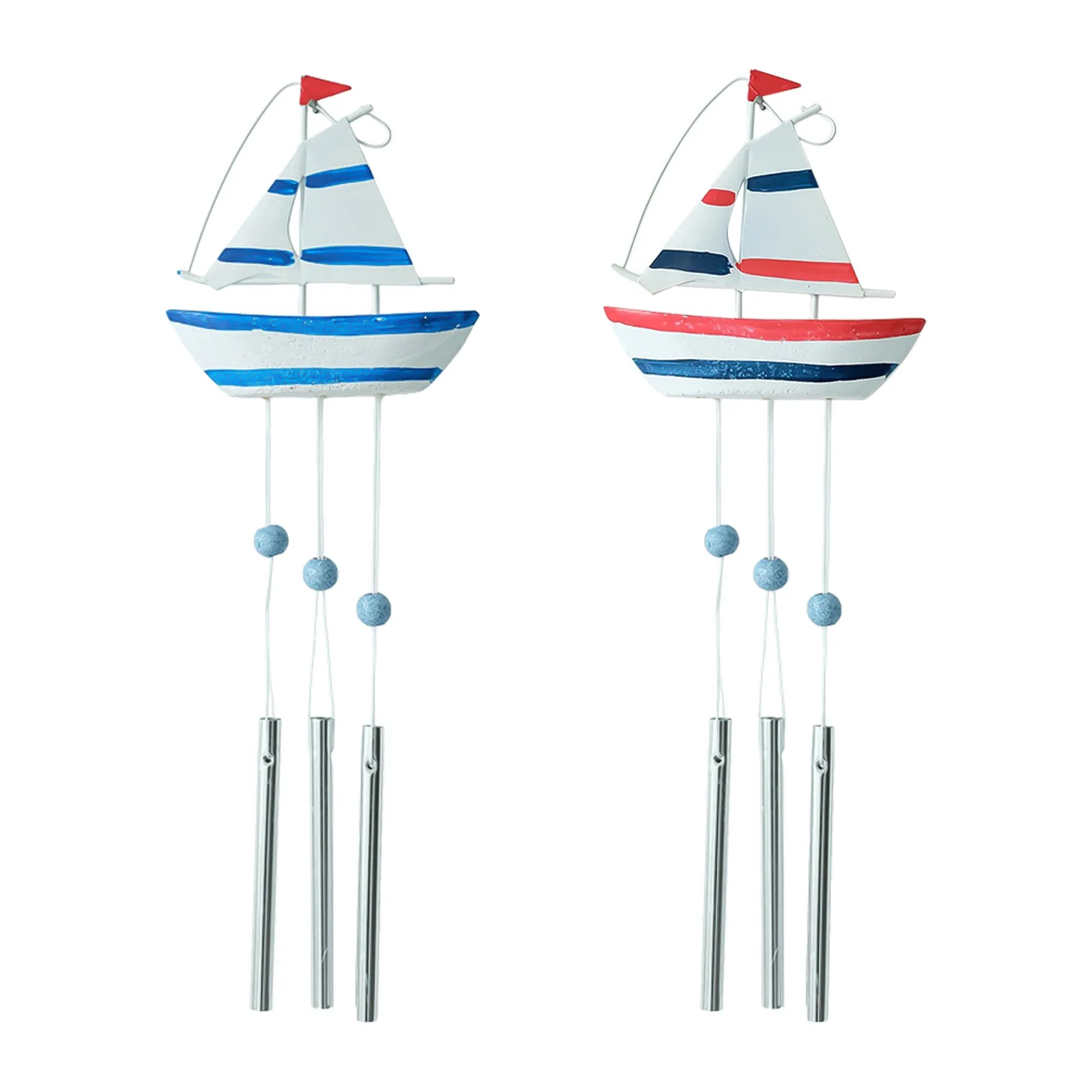 2Pcs Handmade Wooden Sailboat Wind Chimes Nautical Beach Theme Garden Hanging Ornament Outdoor Patio Balcony Mediterranean Decor - view 5