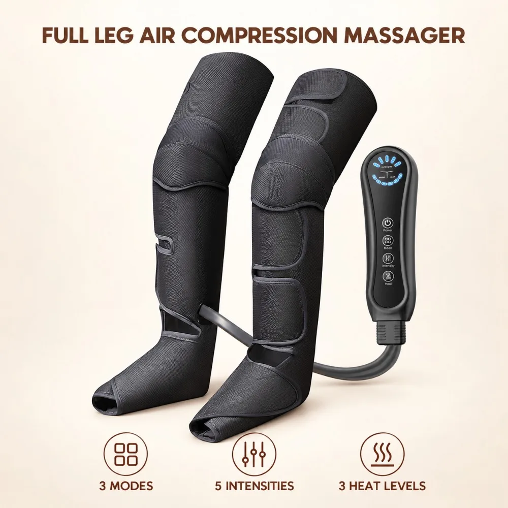 Air Pressure Leg Massager, Full Leg Compression Boots with Heat, Timer and Controller, Foot Calf Thigh Massage for Circulation