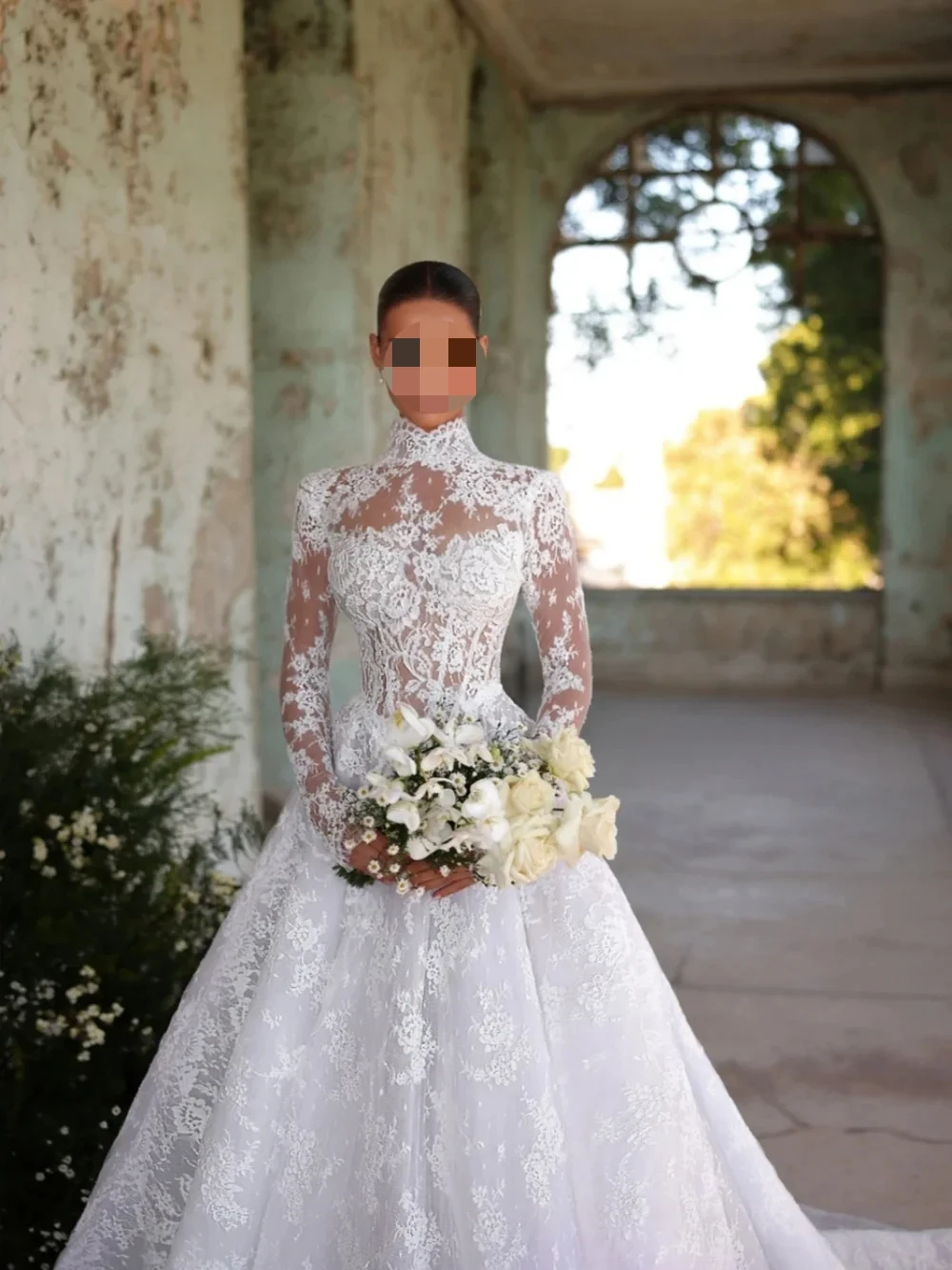 فساتين زفاف Flavinke مخصصة أنيقة ذات ياقة عالية على شكل حرف a من الدانتيل بأكمام طويلة فستان زفاف أبيض للعروس vestidos de novia