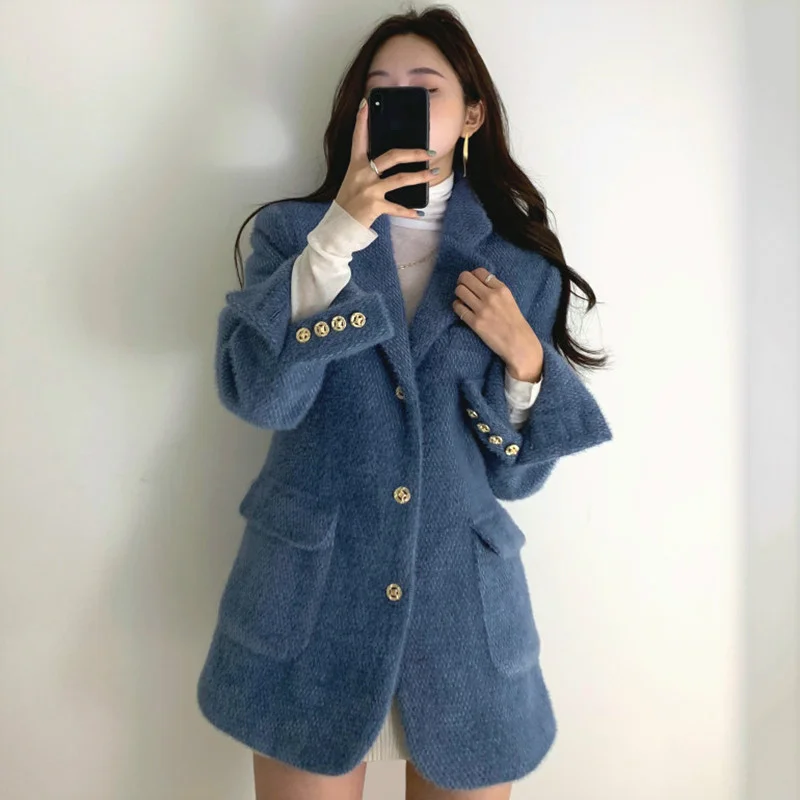 

2022 New Double Pockets Warm Coats Women Korean Chic Notched Collar Straight Jackets Autumn Winter Vintage Single Breasted Tops