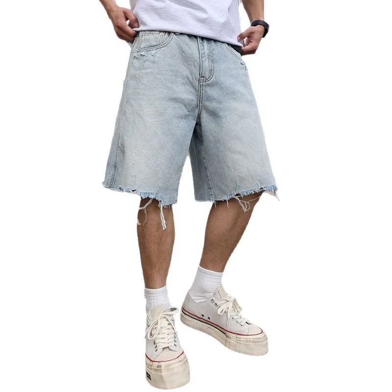 Men Broken Edge Ripped Denim Shorts Cityboy Streetwear Fashion Hip Hop Loose Casual Plus Size Denim Short Pant Jeans Shorts