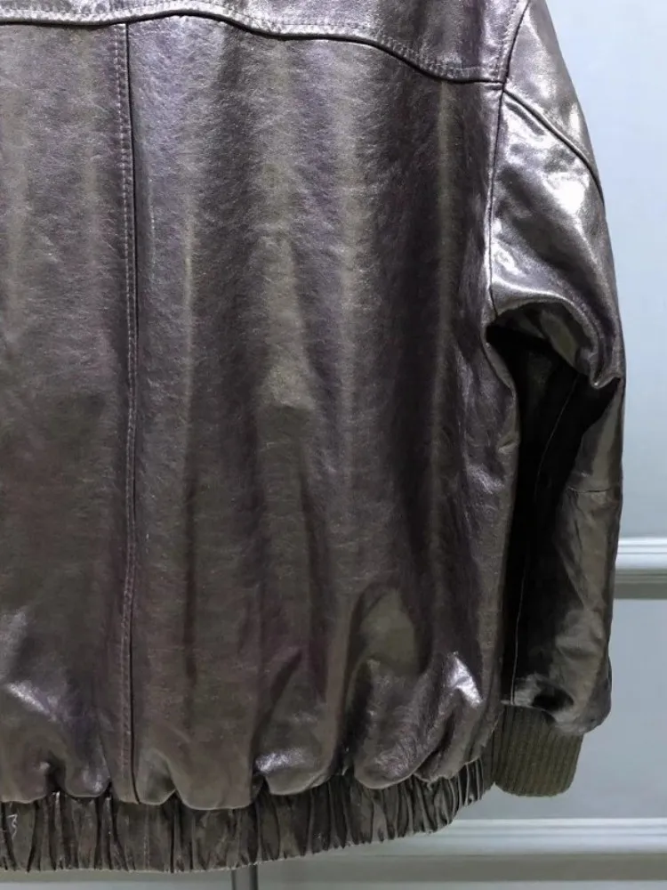 Giacca da donna in vera pelle vintage autunnale streetwear vestibilità ampia cera d'olio cappotto da pilota in pelle di pecora bavero capispalla casual da donna da ufficio