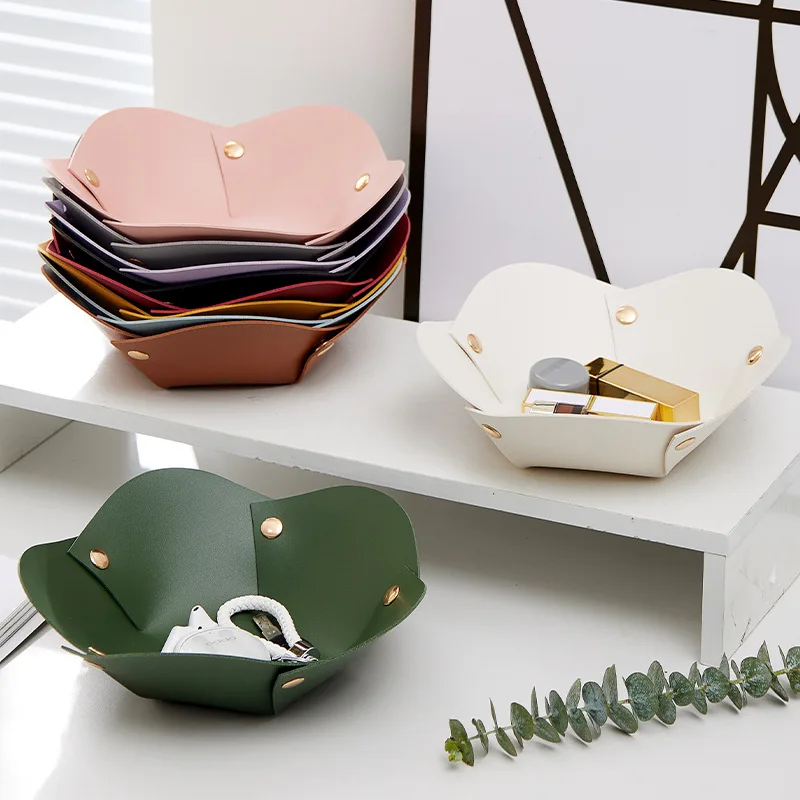1 unidad de organizador de cuero para escritorio, bandeja para llaves, decoración del hogar, organizador de dados, caja de almacenamiento plegable de cuero PU para llaves y billetera
