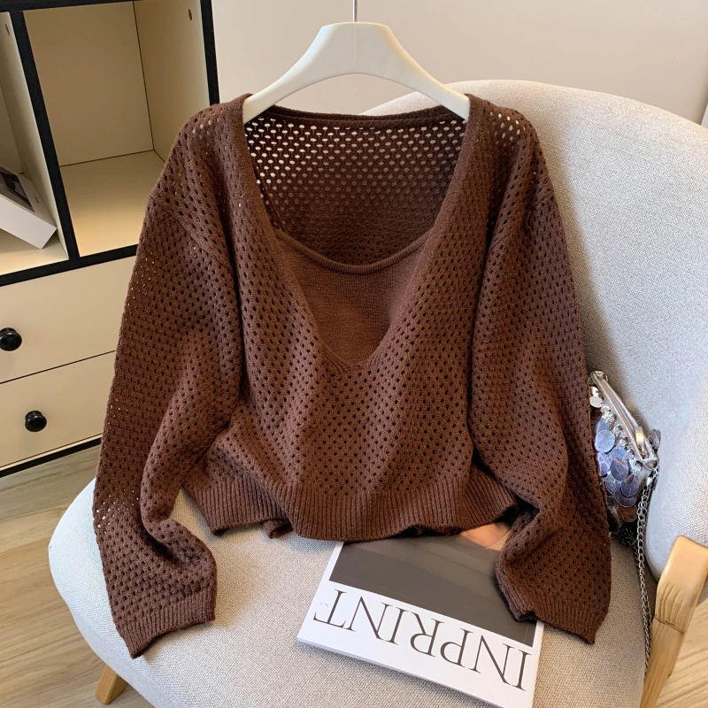 

Свободный вязаный свитер с v-образным вырезом Bubble Sve, женский корейский топ Lazy Faion ort, комплект с вязаным жилетом-майкой