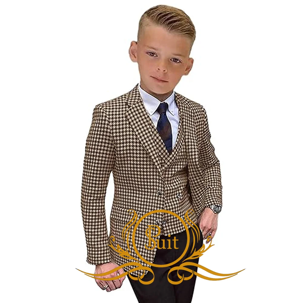 Black White Plaid Boy's Suit 3 Pieces Jacket Pants Vest Set Tweed Blazer Wedding Tuxedo Formal Kid Suits