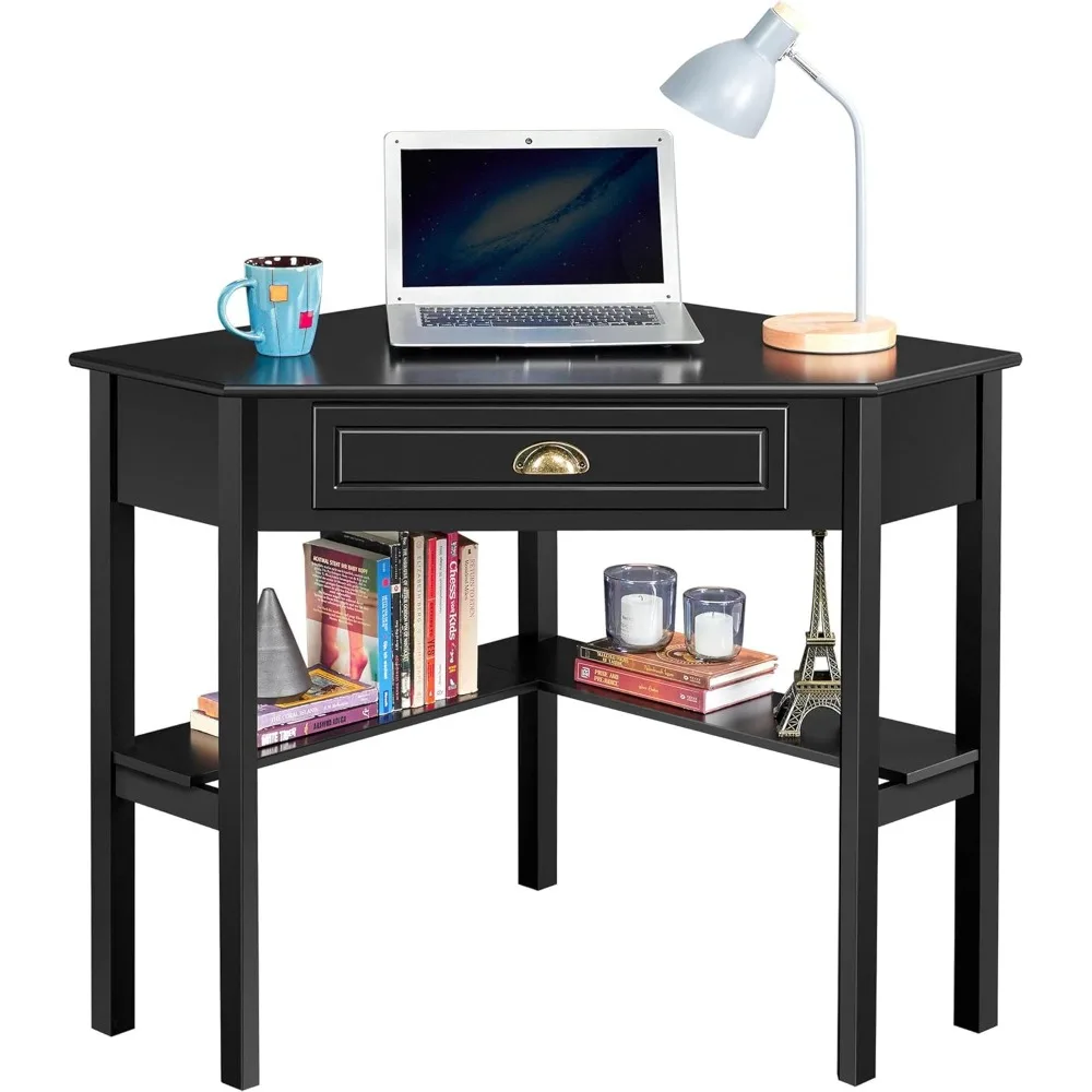 Wood Triangle Computer Desk Corner Table with Large Drawer & Storage Shelves, 90 Degrees Writing Desk Laptop PC Table