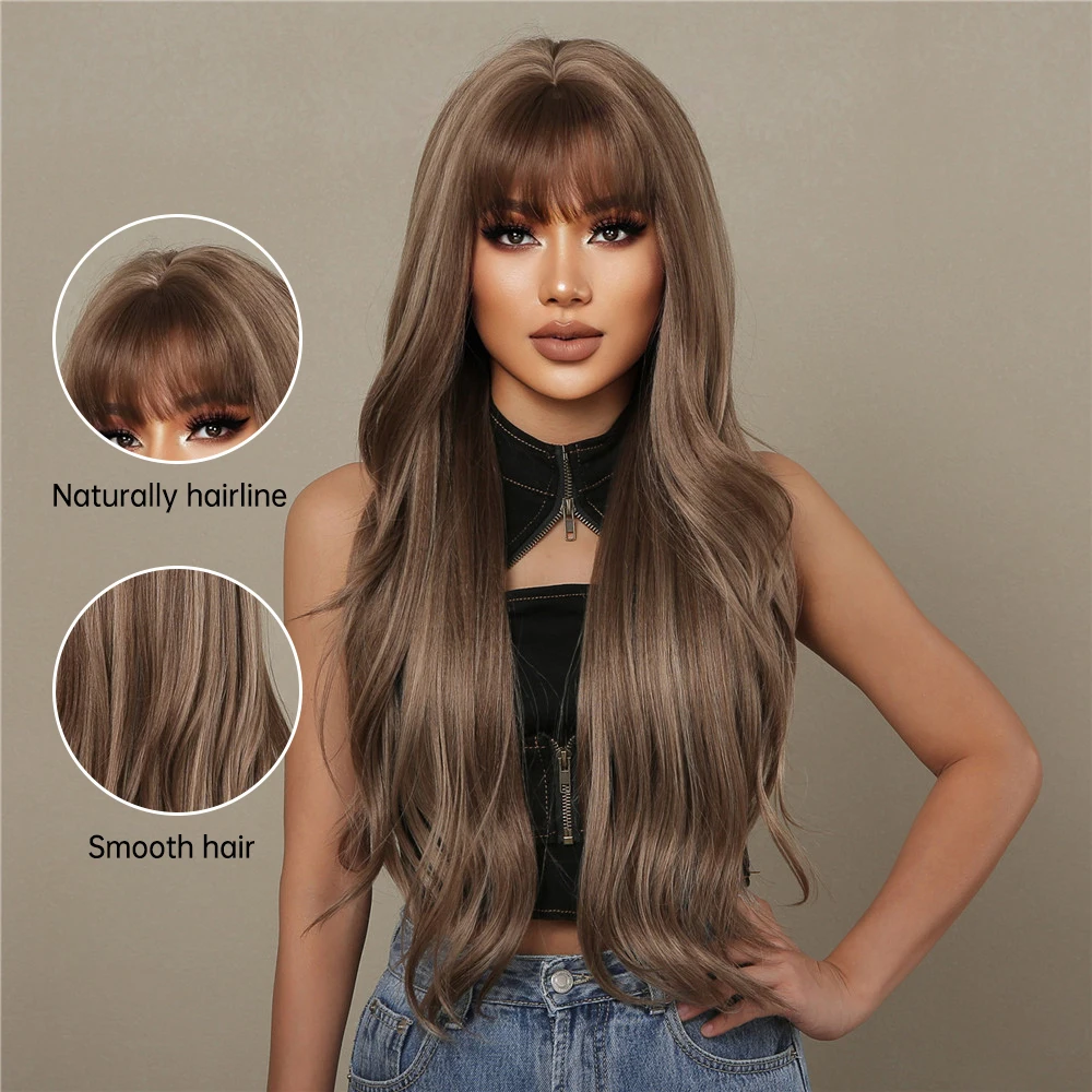 EASIHAIR Brown Ombre Long Wavy Synthetic Wigs with Highlight Natural Wig for Women Daily Cosplay Wigs with Bangs Heat Resistant