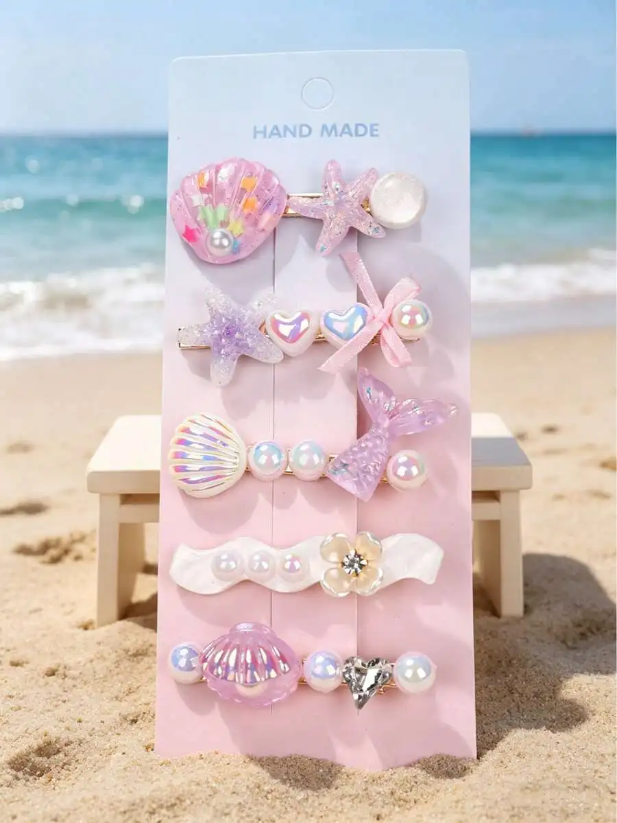 

5pcs Mermaid Shell Hair Clips For Women Korean Style Barrettes With Pearl And Starfish