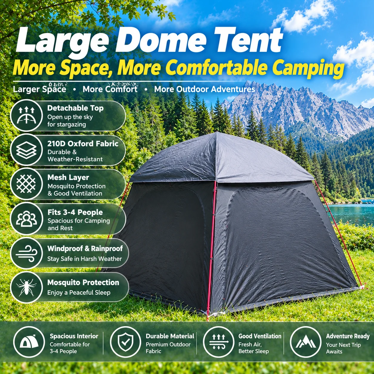 6 Person 2-in-1 Gazebo Canopy Tent with Removable Sidewalls, 2m Peak Height,Lightweight Portable Camping Shelte with Stove Jack