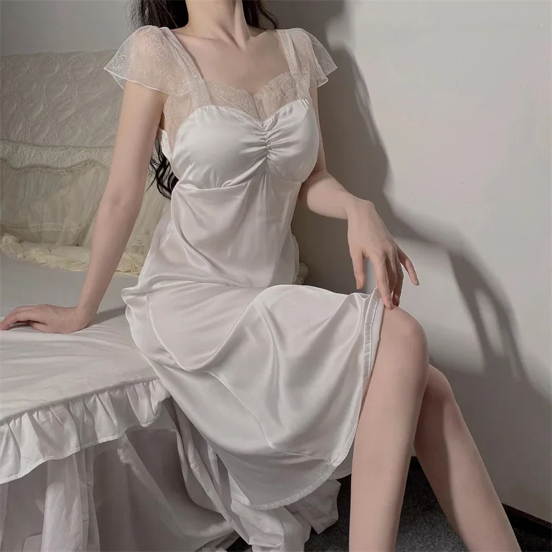 Satin Spaghetti Strap Nightgown Sleepwear Women Lace Trim Kimono Dressing Gown Lingerie Summer Sleepdress Patchwork Nightwear