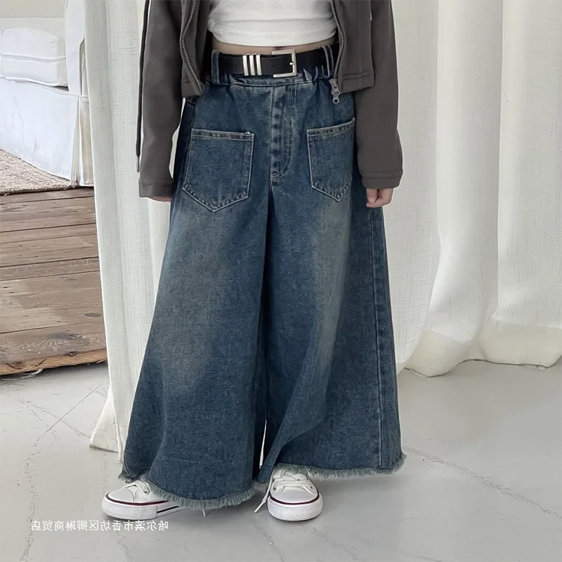 18M-7Y Spring Autumn Girls Jeans Baby Fashionable Children Personality Loose Ragged Edge High Waist Wide Leg Pants