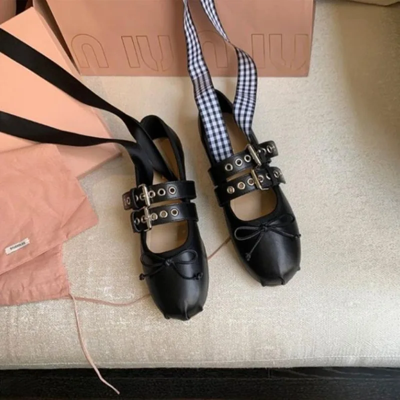Zapatos de Ballet con lazo Retro francés para mujer, zapatos Mary Jane a la moda, planos con cordones de cabeza redonda, novedad de verano y otoño,