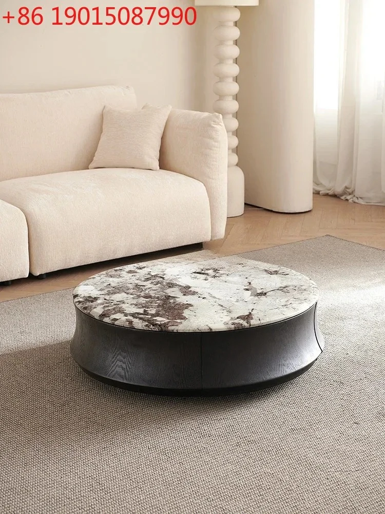 Modern light luxury black parquet solid wood marble round coffee table medium ancient style