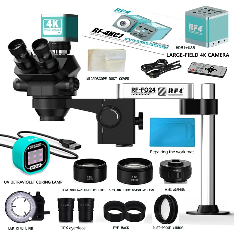 Trinocular Stereo Microscope 4K 2K 1080P HDMI VGA USB TF Video Camera Clamp Folding Extension Type Base Large-field 4KC7 Camera