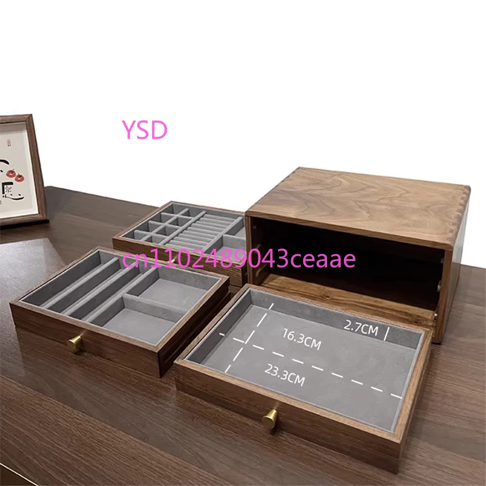 

3-Tier Desktop Drawer Storage Box, Black Walnut Wood with Dovetail Joints & Brass Handles