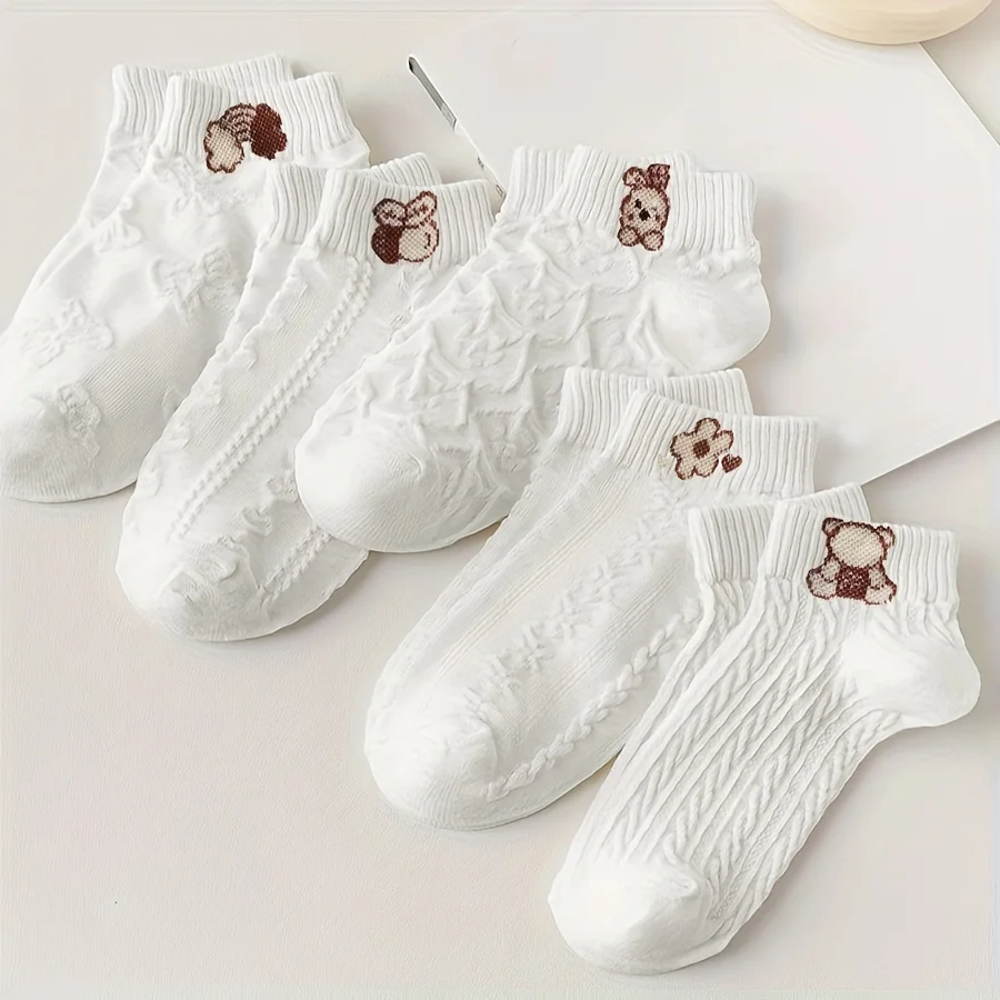

5 пар женских носков до щиколотки с милыми героями мультфильмов — японский дизайн с медведем и цветком, мягкая смесь полиэстера, комфорт для всех сезонов