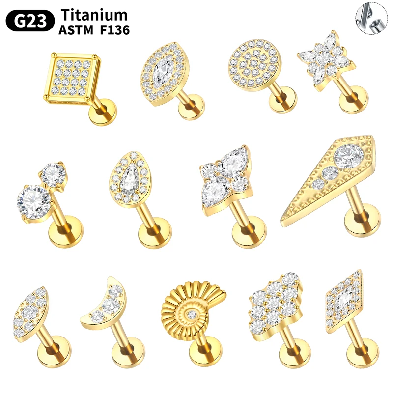 1PC ASTM F136 Titanium 16G Square &Round CZ Labret Medusa Monroe Piercing Helix Cartilage Conch Tragus Lobe Stud Earring Jewelry