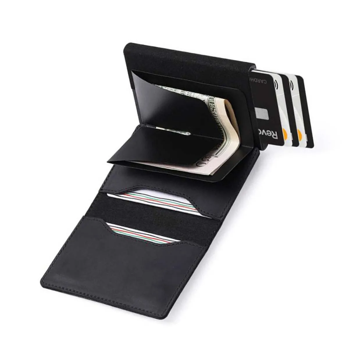 Cattlehide Pop-out RFID Card Holder Slim Aluminum Anti-theft Brush Leather Wallet ID Card Blocking Protect Travel Cardholder