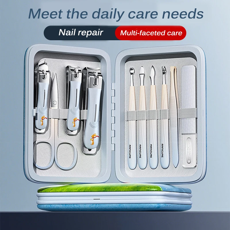 

A 10-piece set of stainless steel nail tools, including portable nail clippers, diagonal pliers, eyebrow shears and ear spoons