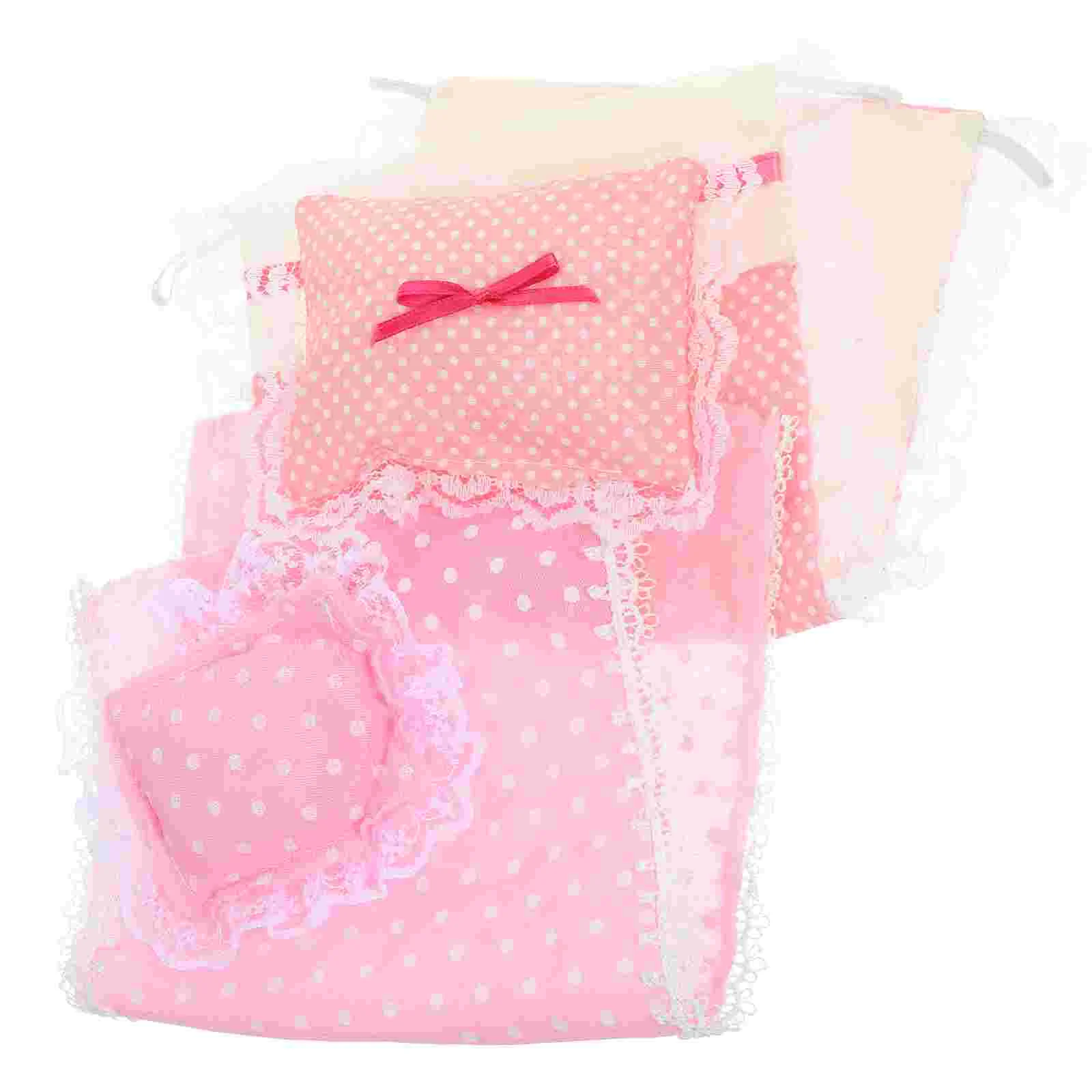 2 Sets Pink Sheet Pillow Quilt Accessories Miniature Bedding Kit House Decoration Cotton Bedroom Supplies