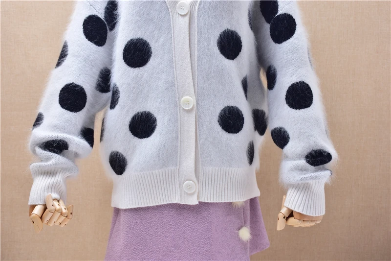 Ladies Women Autumn Winter Fashion White Dot Hairy Angora Rabbit Hair V-Neck Long Sleeves Loose Cardigans Sweater Jacket Coat view 5