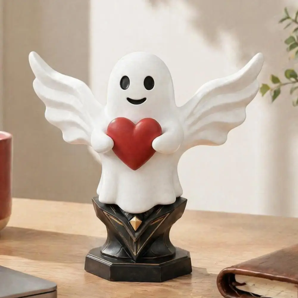 Themed Scenery Table Ornament Angel Ghost Statue with Heart Figurine Smiling Ghost Sculpture Cute Halloween Home Table Shelf