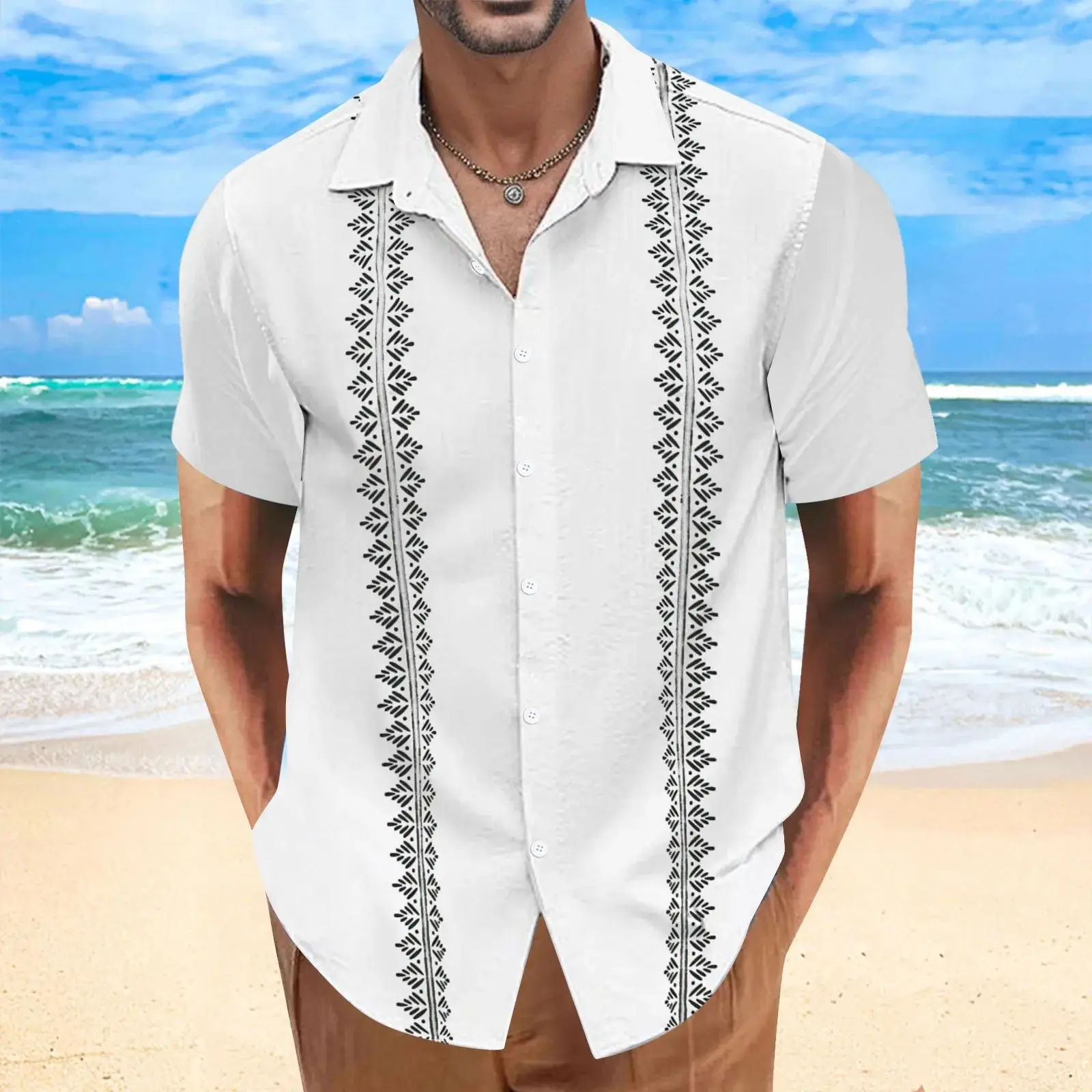 Beach Holiday Men's Short Sleeve Cardigan Leaf Printed  Neck Thickened Fleece Special Wide Fit Autumn Shirt by Xunshi