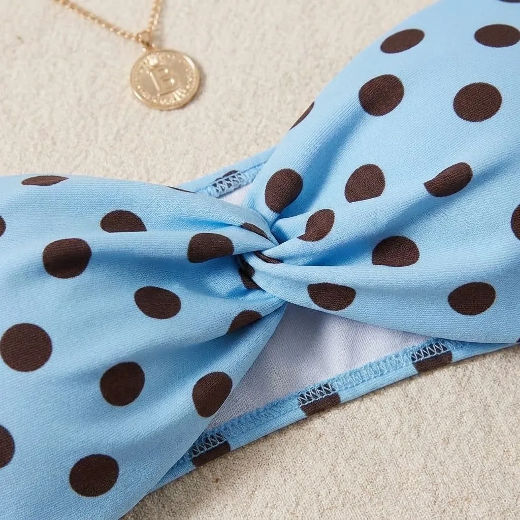 JEWELRY SEN Damen Polka Dot Twist-Front Bandeau Bikini Set 2-teiliger High-Cut Trägerloser Sommer-Strand-Badeanzug – Detail 2