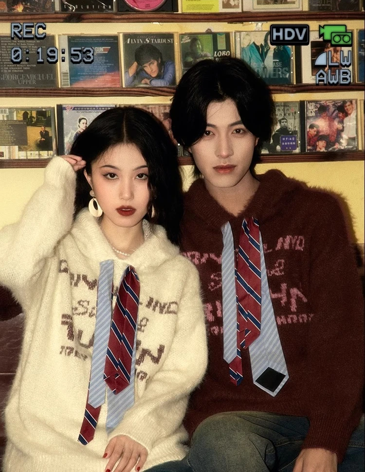 Autumn Winter New Retro Men's Letter Embroidery Tie Design Apricot Hooded Sweater Couple Loose Casual Coffee Knitted Sweater