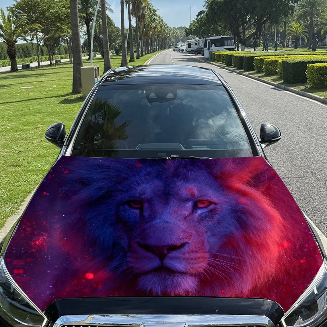 

Lion in Cosmic Nebula Car Vinyl Wrap, PVC Material Waterproof Car Hood Sticker, Self-Adhesive Scratch-Resistant Stickers for Eng