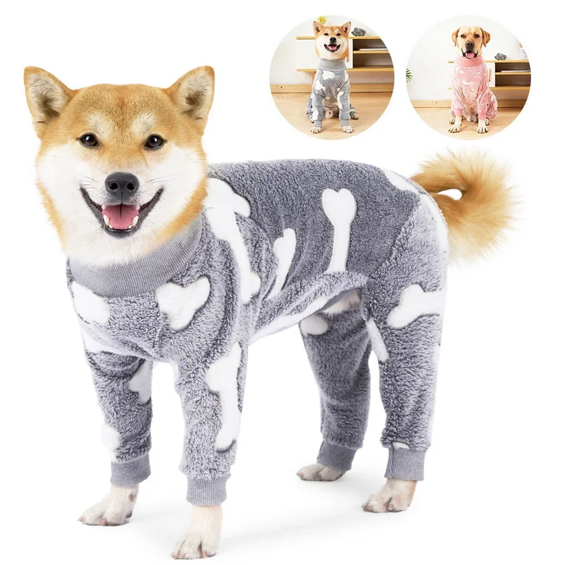 

Fleece Dog Pajamas Jumpsuit Winter Pet Coat Bone Pattern Thicken Warm Dog Clothes for Medium Large Dogs Labrador Bulldog Costume