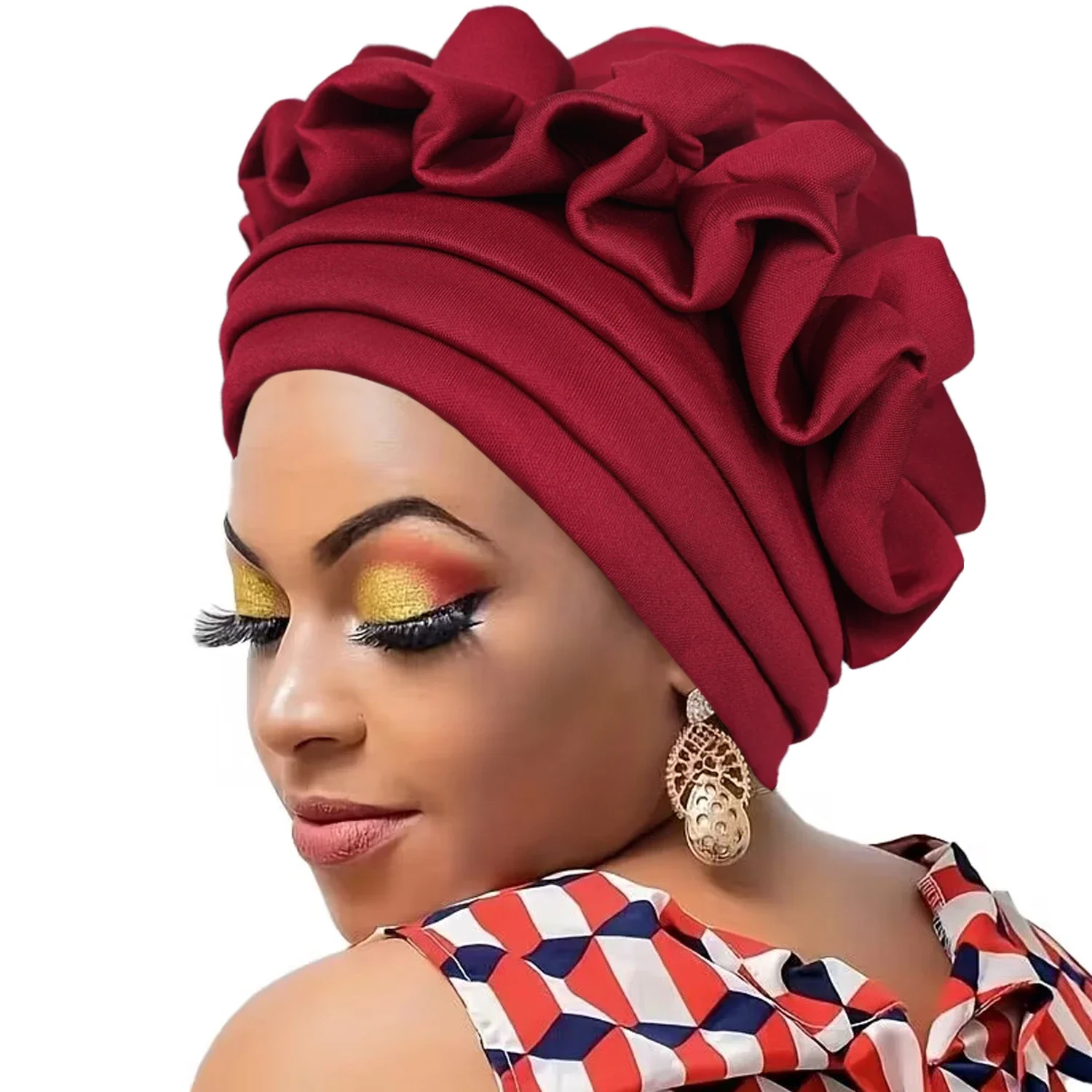 New Raw Silk Pleated Turban Cap for Women African Female Head Wraps Nigeria Lady Headwear Hat Wedding 3-layer Brim Headtie Gift